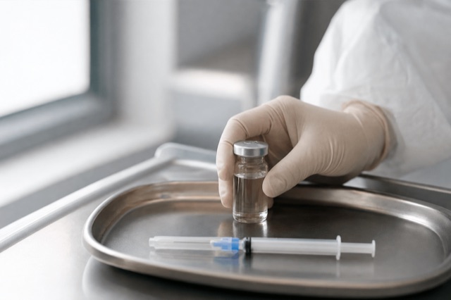 A gloved hand holding a small vial of clear injectable solution in a clinical setting