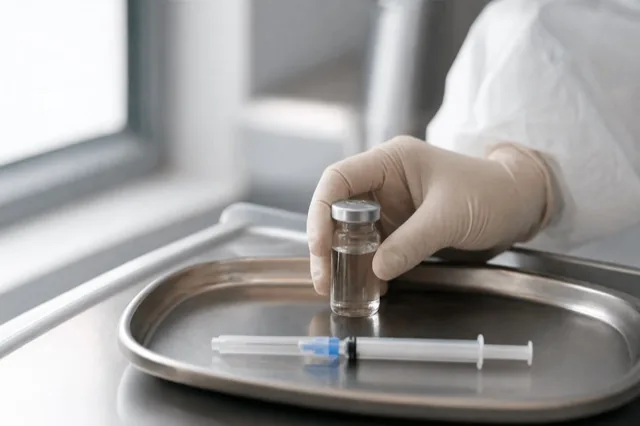 A gloved hand holding a small vial of clear injectable solution in a clinical setting