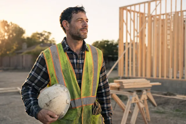 A construction worker at sunrise on a quiet job site, hard hat under his arm, looking toward the morning light with a calm, hopeful expression