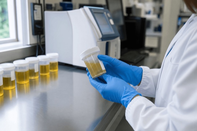 A gloved lab technician holding a labeled urine specimen cup beside testing equipment in a clinical lab