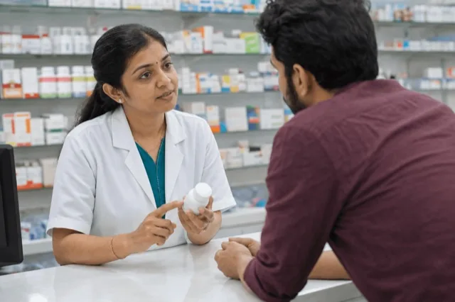 A pharmacist counseling a patient about a prescription medication at a pharmacy counter