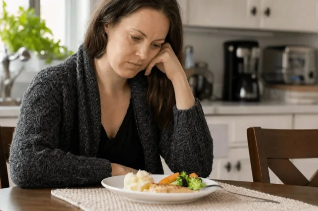 A person sitting at a kitchen table looking thoughtfully at a plate of food in soft morning light