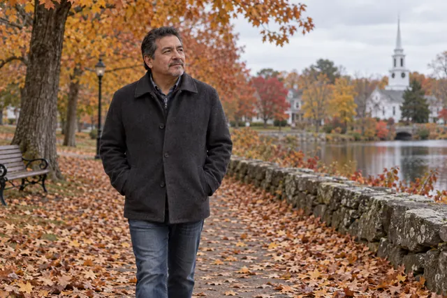 A man in a dark wool coat walking alone on a leaf-covered path beside a stone wall and a pond in a New England town park in late October, hands in his pockets, with a white church steeple in the distance