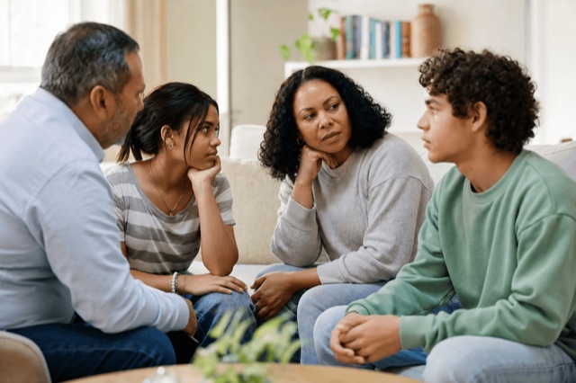 A family sitting together on a couch in warm natural light, listening to one another during a calm conversation