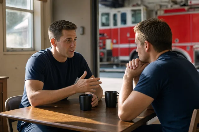 Two firefighters in plain station uniforms talking over coffee at a firehouse kitchen table in calm early morning light