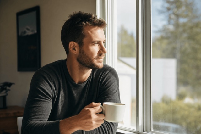 A person sitting by a sunlit window in the morning, looking calm and clear-headed with a cup of coffee