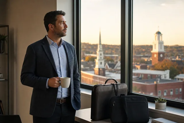A professional pauses with a coffee mug by an office window in early morning light, looking out in quiet reflection before the workday