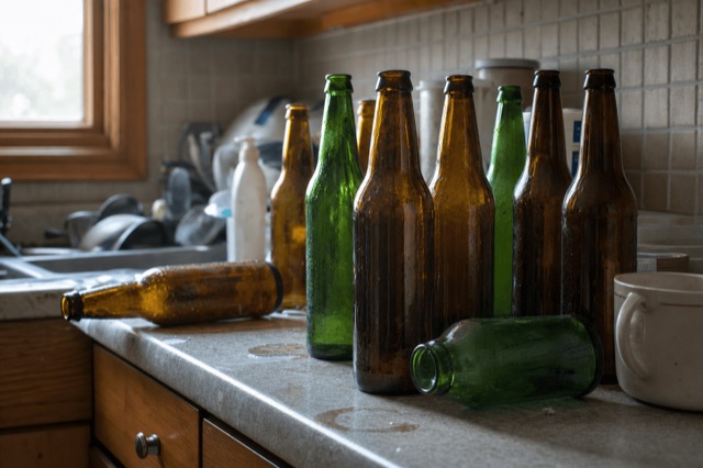 A row of empty beer bottles on a kitchen counter in soft morning light