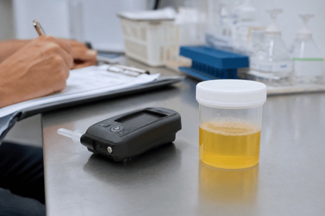 A breathalyzer device and a urine sample cup arranged on a clinical lab counter under natural light