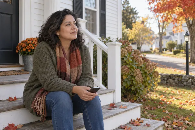 A woman in a green cardigan and autumn scarf sitting on the front steps of a white New England house, holding her phone and looking thoughtfully toward the street, with fallen maple leaves around her