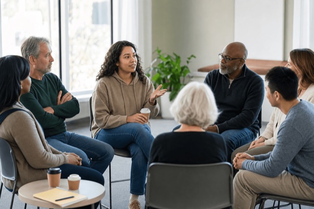 A small peer support group sitting in a circle of chairs in a bright community room during a sober meeting