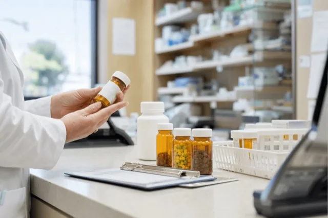 A pharmacist reviewing a prescription label at a clinic counter in soft daylight