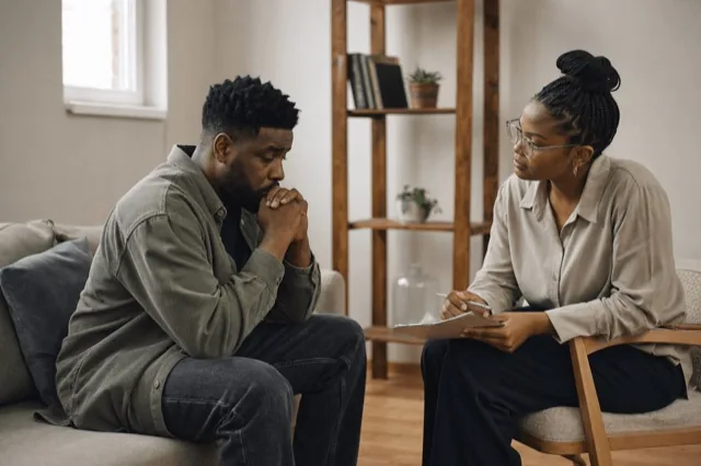 A concerned adult sitting with a clinician in a calm, well-lit consultation room