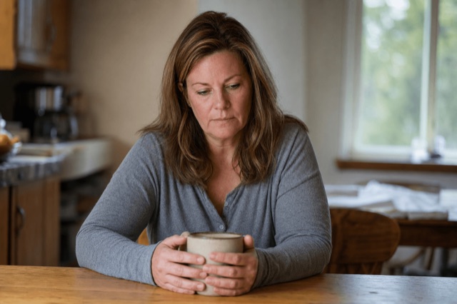 An adult sitting quietly at a kitchen table looking thoughtful, holding a mug of coffee in soft morning light