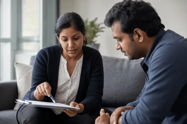 A clinician reviewing a treatment plan with a patient during a calm consultation