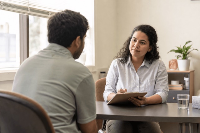 A person speaking with an intake counselor across a desk in a community clinic during an admissions conversation