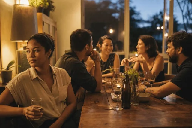 A small group of friends holding drinks at a relaxed evening gathering, with one person looking quietly reflective