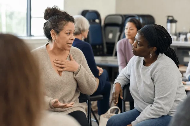 Two people in an honest, supportive conversation in a bright recovery group setting