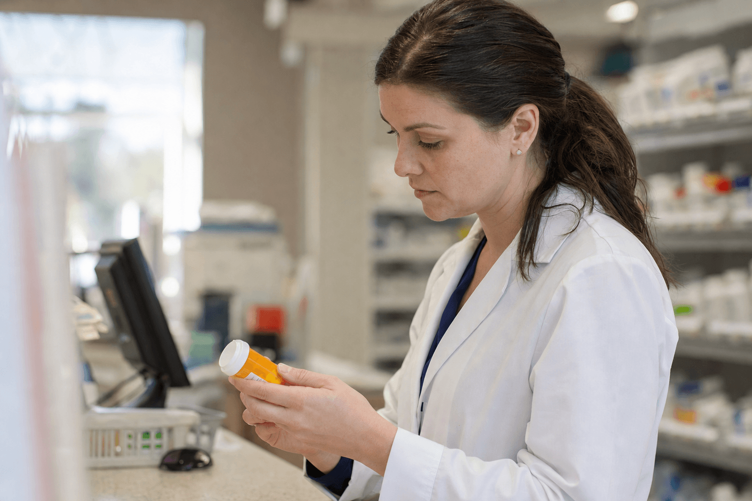 A pharmacist reviewing a prescription label at a counter in natural light