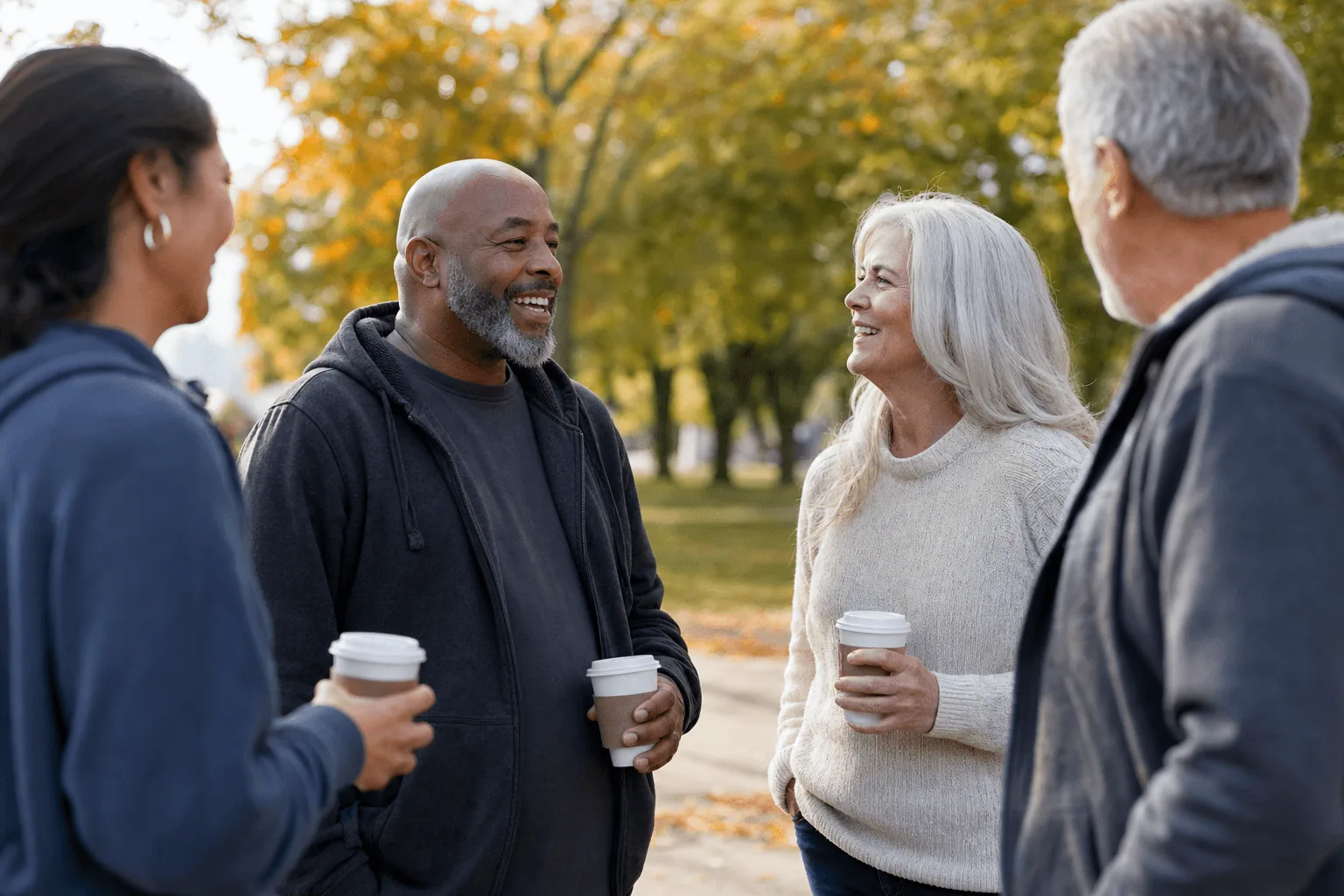 Three people talking outside