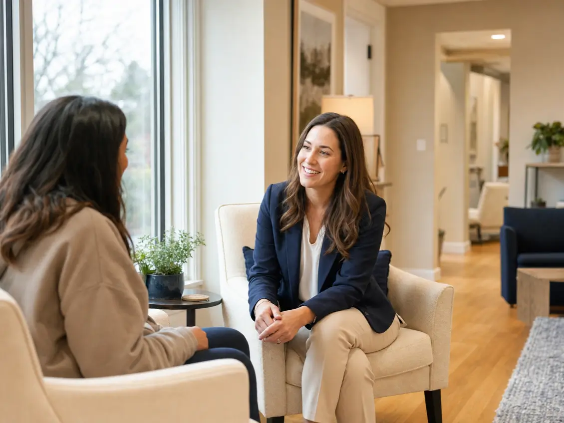 Clear Steps Recovery counselor welcoming a client in the Needham, Massachusetts reception lounge